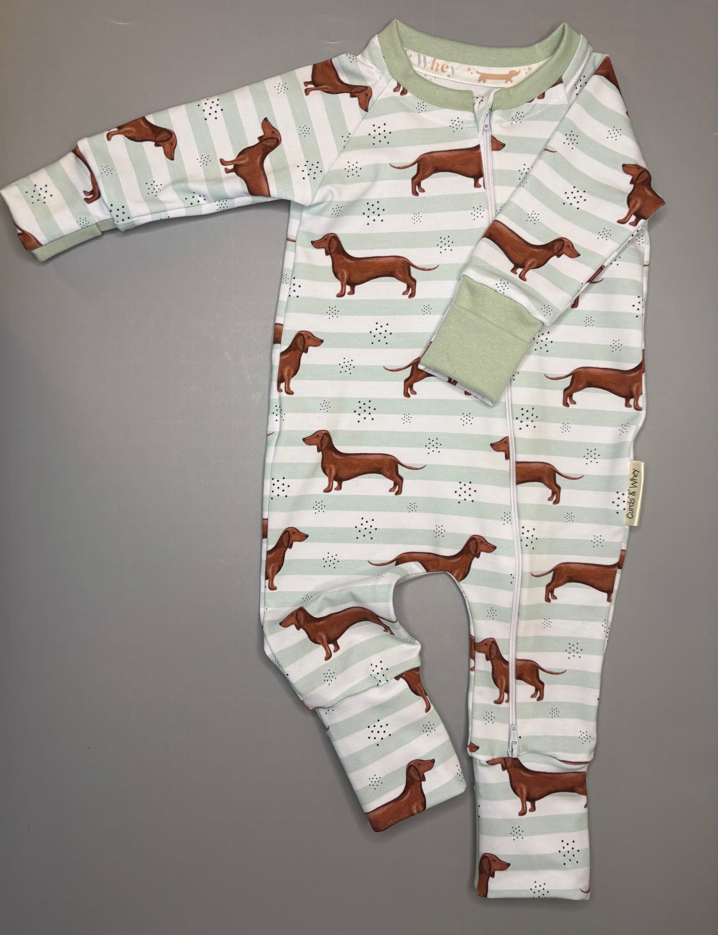 sausage dog mint stripe zippy baby-grow