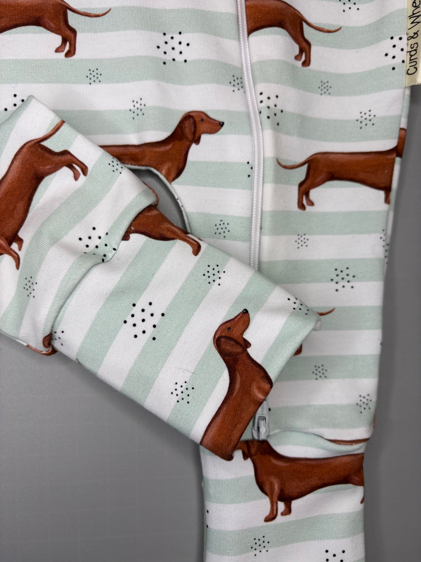 sausage dog mint stripe zippy baby-grow