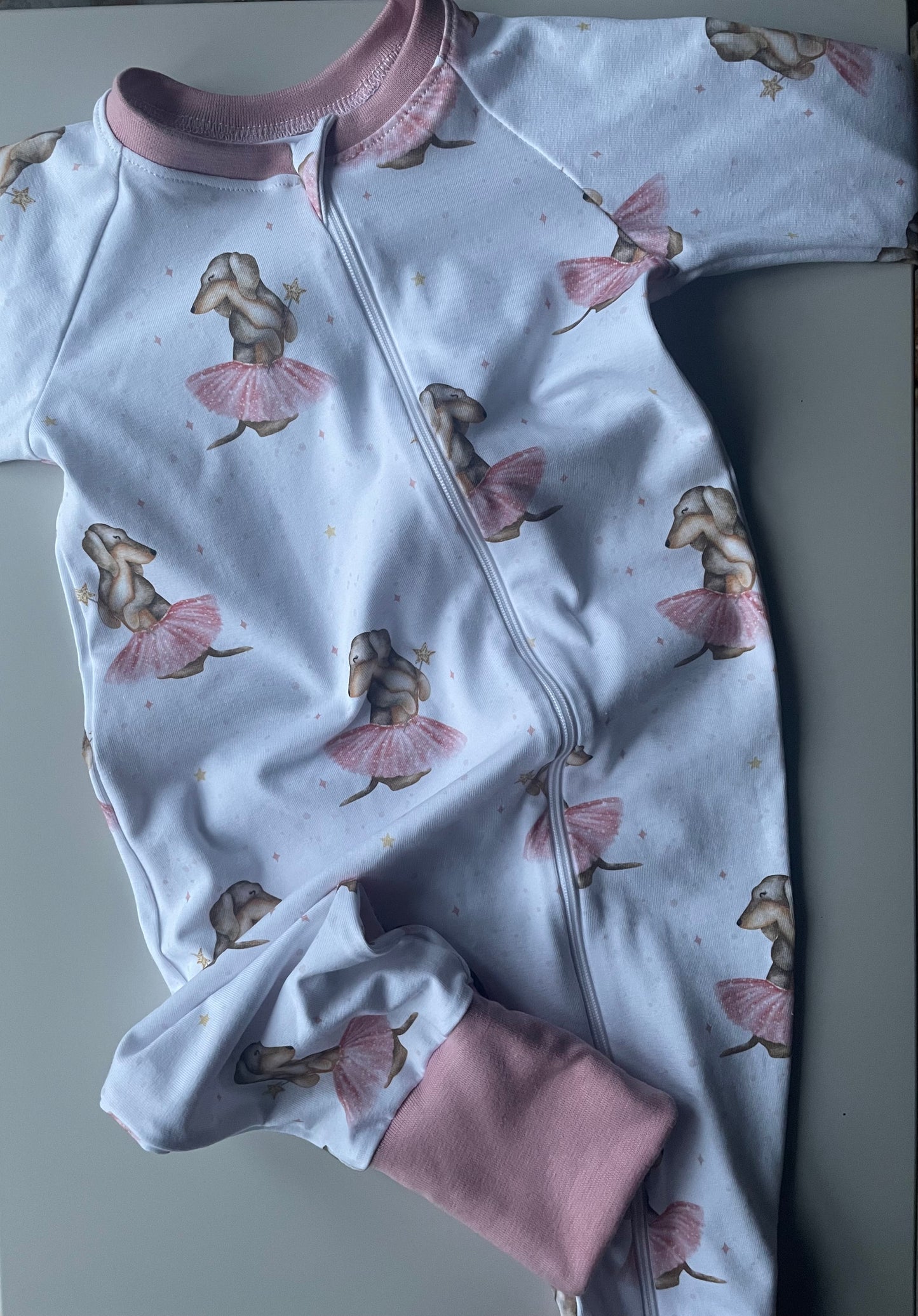 Freya ballerina sausage dog zippy baby-grow