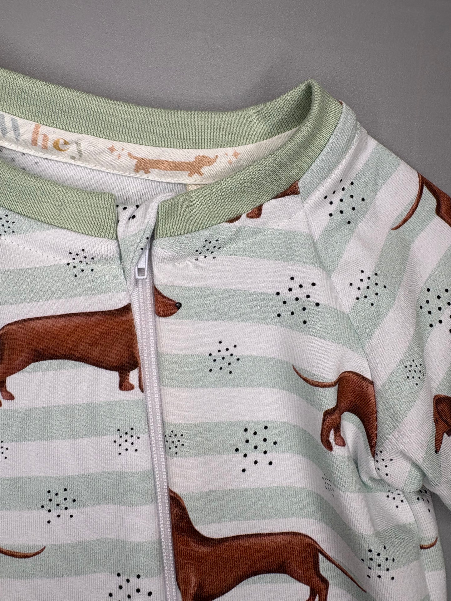 sausage dog mint stripe zippy baby-grow