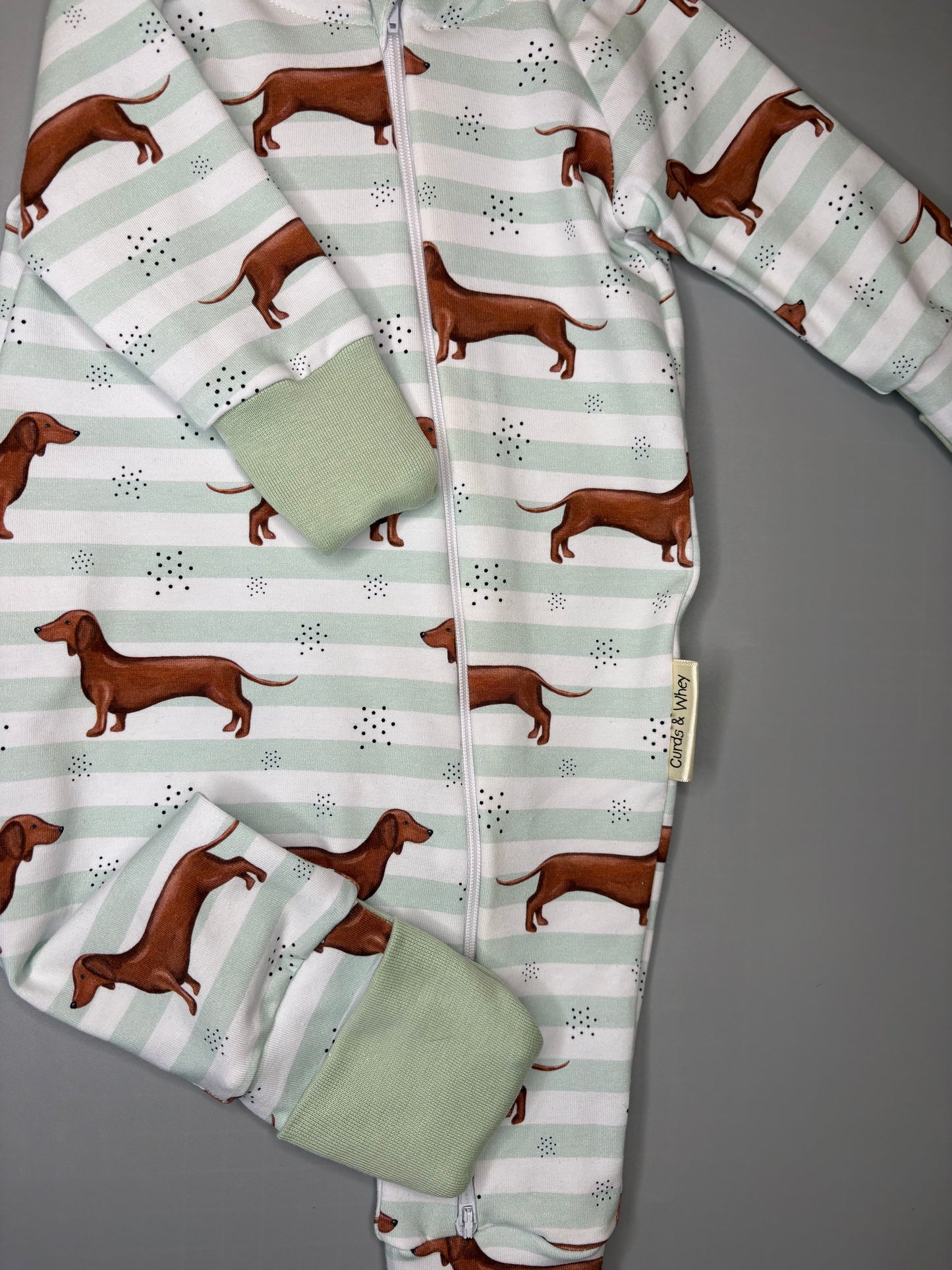sausage dog mint stripe zippy baby-grow