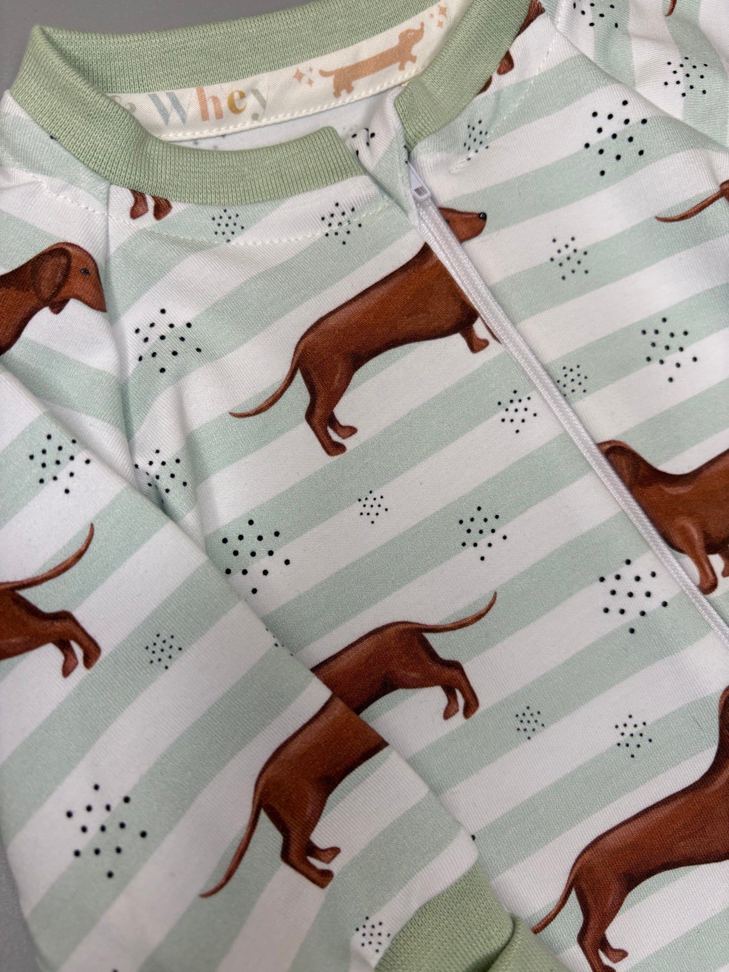 sausage dog mint stripe zippy baby-grow