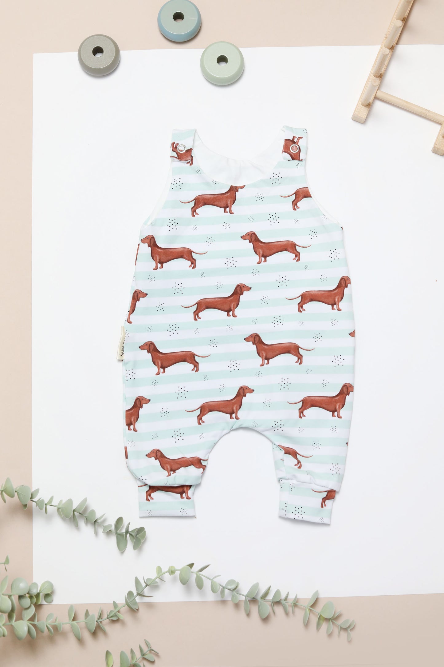 Mint stripe sausage dog Romper