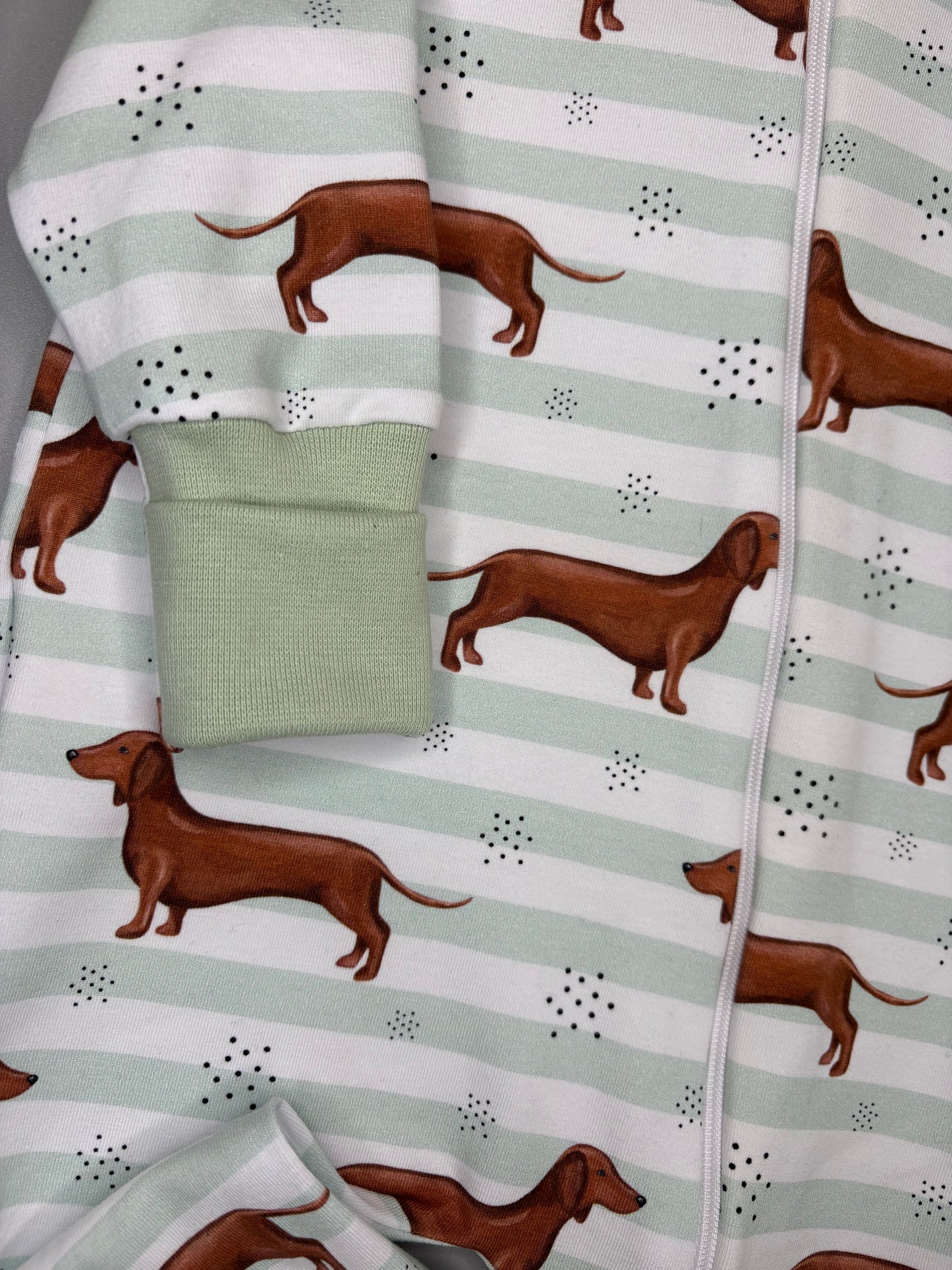 sausage dog mint stripe zippy baby-grow