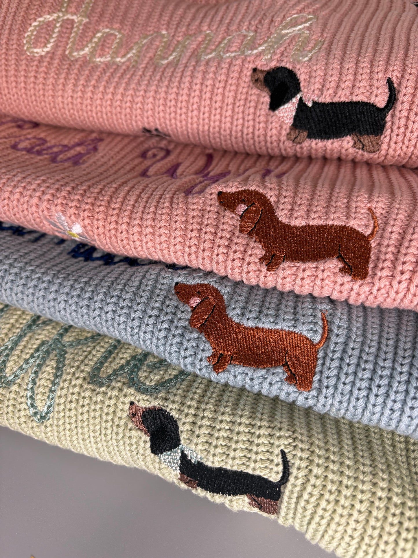 Spring sausage dog embroidered knitted jumper