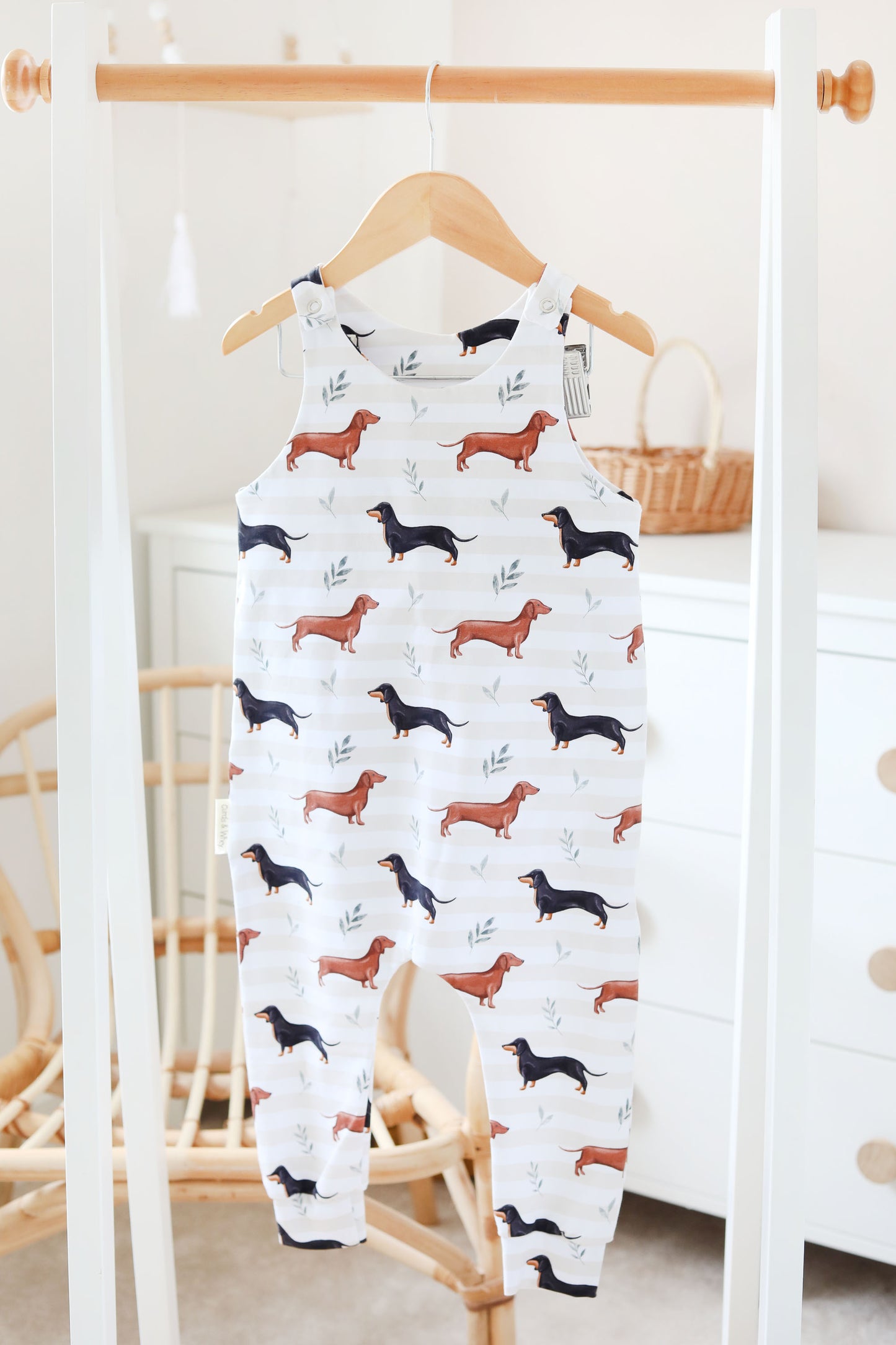Neutral sausage dog striped Romper