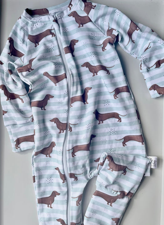 sausage dog mint stripe zippy sleepsuit