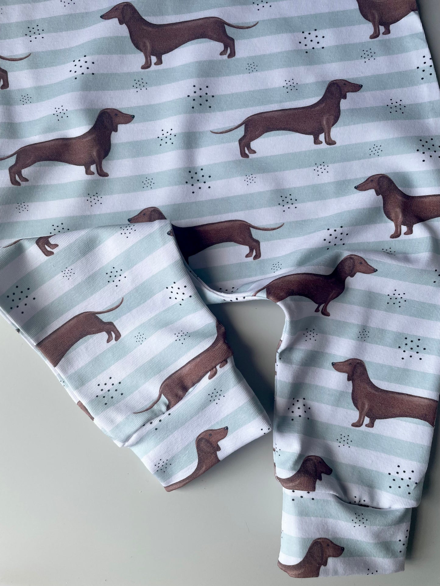 Mint stripe sausage dog Romper