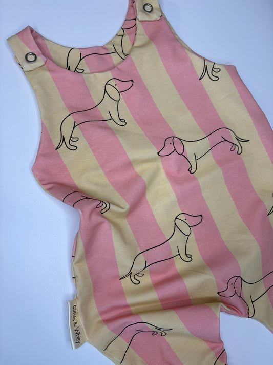 Rhubarb and custard sausage dog baby romper