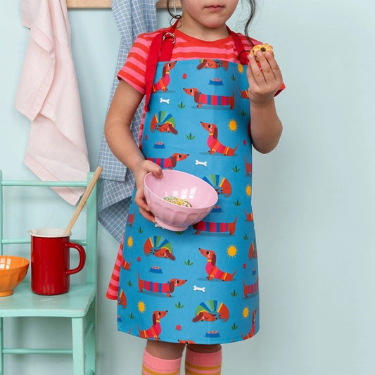 Wipeable cotton children's Dachshund apron - Sunny Sausage Dog