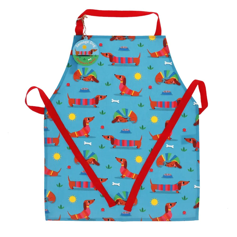Wipeable cotton children's Dachshund apron - Sunny Sausage Dog
