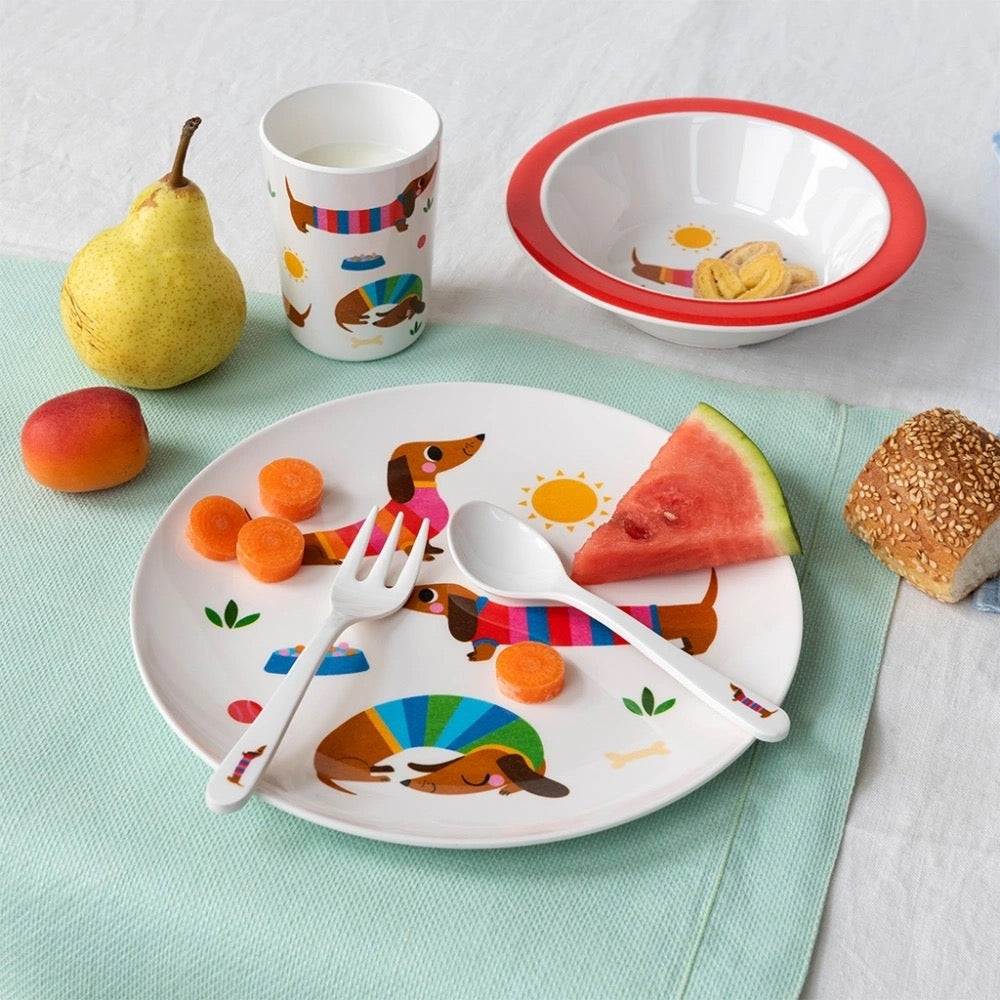 Children's melamine dinner set (5 pieces) - Sunny Sausage Dog