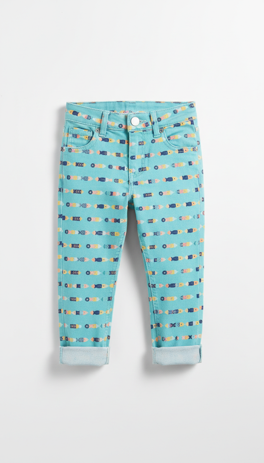 Aqua Patterned Jeans with Fresh Print